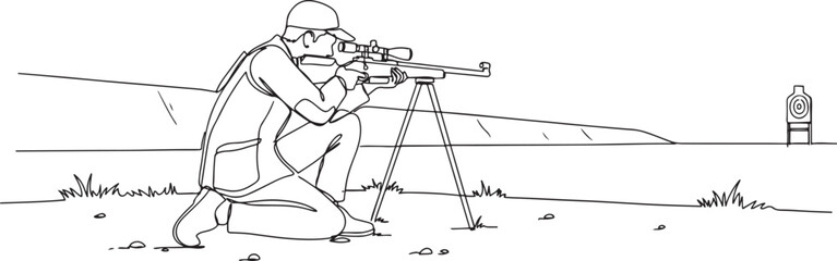 One continuous line drawing young man on shooting training ground practice for competition with rifle gun. Outdoor shooting sport concept.one line vector drawing © alimon