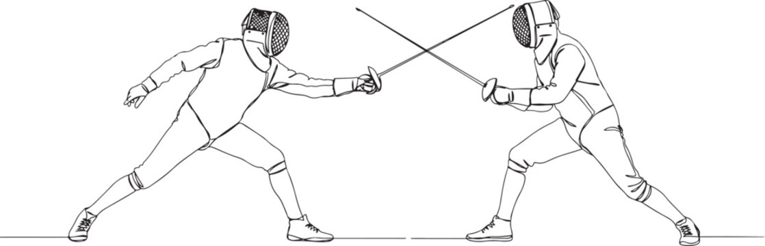 Single continuous line drawing of two young professional fencer athlete men in fencing mask and rapier duel at arena. Sport fight competition concept.one line vector drawing