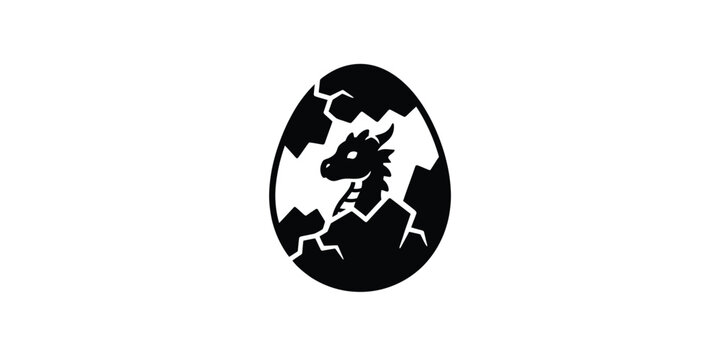 Black silhouette of a baby dragon hatching from a cracked egg.
