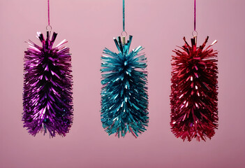 Obraz premium Three colorful hanging tinsel decorations on pink background