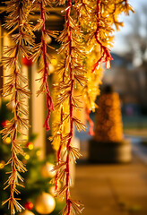 Obraz premium Golden tinsel hanging outdoors in warm golden hour light
