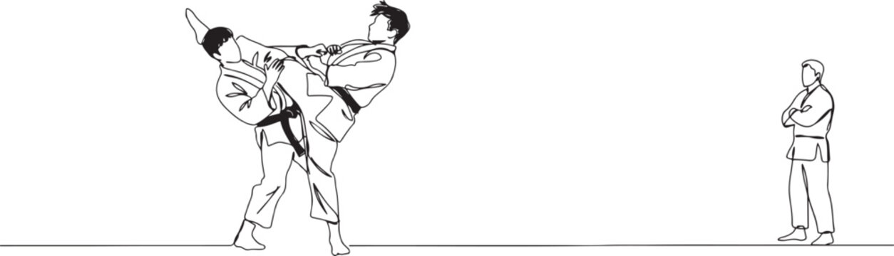 One single line drawing of two young energetic judokas fighter men battle fighting at gym center vector graphic illustration. Martial art sport competition concept.one line vector drawing