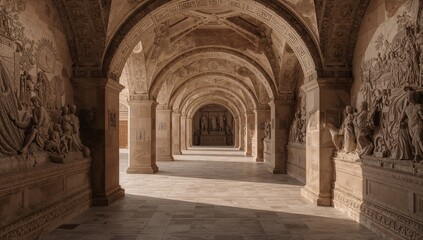 Fototapeta premium Ancient Hall With Columns and Statues in a Historic Location