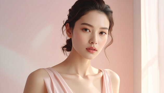 Young woman with elegant hairstyle and soft pink dress studio portrait