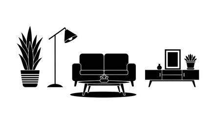 Fototapeta premium Vector illustration of living room furniture set with sofa, coffee table, floor lamp and cabinet on a transparent background