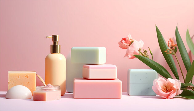 Pink and beige skincare products with floral accents on a pastel background