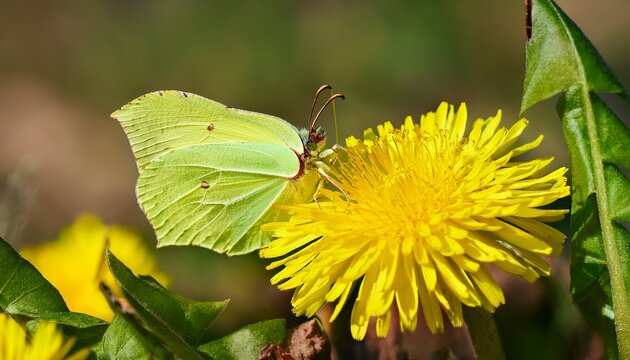 brimstone butterfly feeding on a yellow coltsfoot flower in spring
