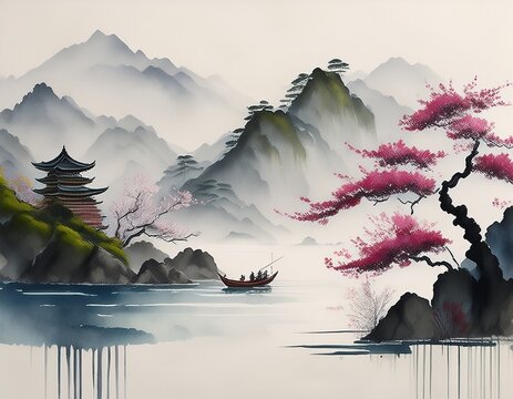 watercolor landscape chinese style classical traditional ink painting sumi e