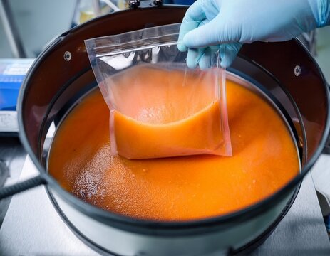 transferring homogenized papaya puree into sample bag after blending for gmo testing