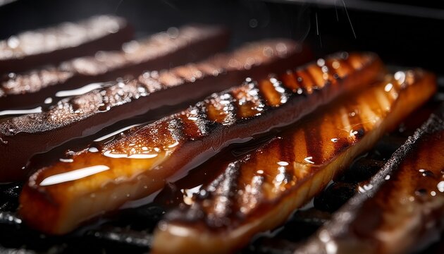 a macro close up of grill marks and charred crust with oil glistening under directional light on a dark surface