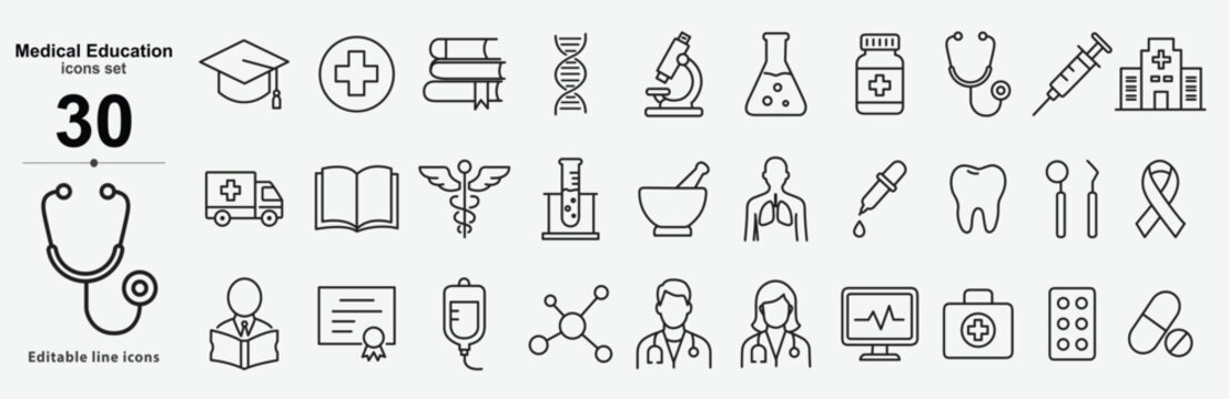 Medical Education icon set. including medicine, college, student, learning, book, collection. outline icon set