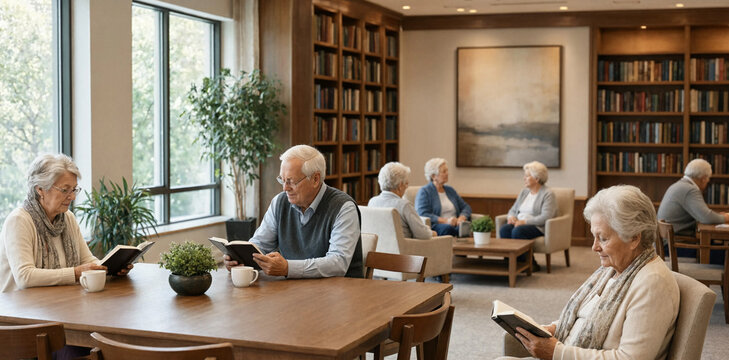 Group of mature adults reading books in a quiet and peaceful library common area with lifestyle retirement community socializing knowledge learning maturity together bookshelves