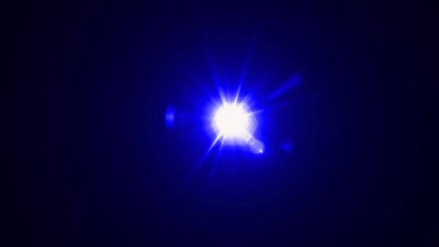 abstract light rays emanating from a center light source over a starry ,optical lens flare shine light animation on black background. Explosion lights optical flare transition, light moving 