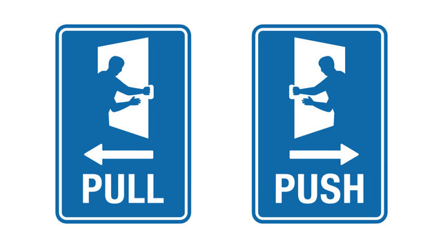 Push and pull door signs with people opening doors and directional arrows.