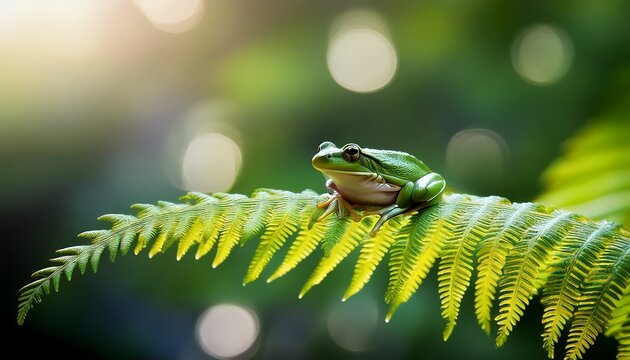 green frog sitting on fern leaf defocused photo bokeh background