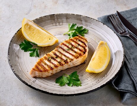 grilled swordfish steak with lemon accent light stone tabletop