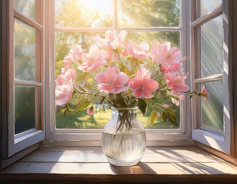 painting of pink flowers in vase on a sunlit windowsill soft sunlight seeping through old window glass