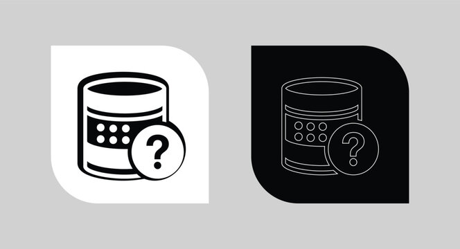 Database server icon with a question mark symbol signifying unknown data status or technical error database question technology