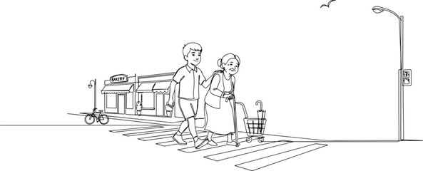 Obraz premium polite boy help grandmother cross street. Well mannered child assistance to aged woman. Kid and elderly female go on crosswalk together.one line vector drawing