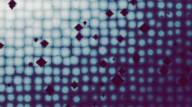 Moody grungy animation with scattered pixelated  diamond and circle shapes in beige, blue and black tones with a semi symmetrical layout and vintage flicker