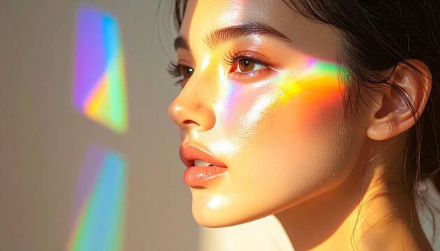 Young woman's face with colorful light reflections and makeup