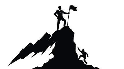 Fototapeta premium Business silhouette illustration of leader standing on mountain peak with flag while helping climbing partner up
