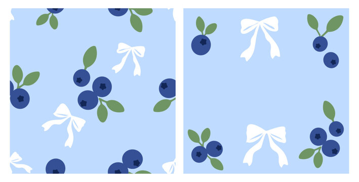 Seamless blueberry and bow pattern featuring fresh blue berries with green leaves and white ribbon bows on a soft pastel blue background in flat vector style for fabric, wrapping paper, and textile.