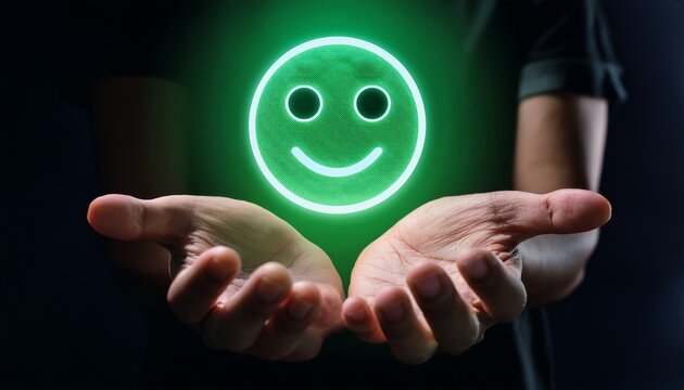 glowing green smiley face hologram floating above hands in dark room futuristic technology and digital emotion concept