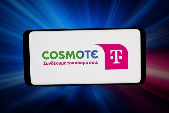 Stuttgart, Germany - 07-17-2026: In this photo illustration, the logo of Greek mobile network company Cosmote Telekom is displayed on a smartphone in front of abstract background on computer screen.