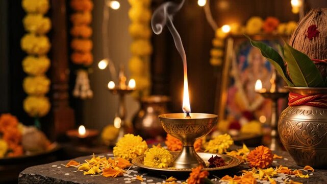 Indian Worship Ceremony Celebrating  garland, diya, incense, puja thali, devotion Vishwakarma Puja Traditions