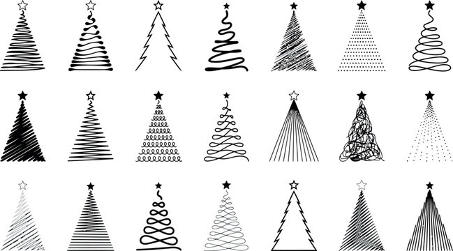 Minimalist black line art Christmas tree silhouette icon collection featuring abstract geometric doodles, modern scribbled pine shapes, and festive star toppers isolated on a white background