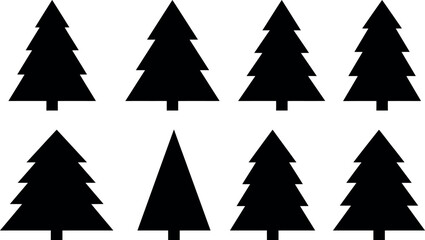 Fototapeta premium Minimalist Christmas tree silhouette vector icon set featuring various geometric black pine and fir trees isolated on a solid white background for holiday graphic designs