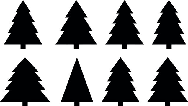 Minimalist Christmas tree silhouette vector icon set featuring various geometric black pine and fir trees isolated on a solid white background for holiday graphic designs