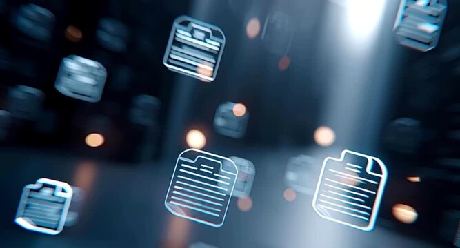Numerous digital document icons floating in a futuristic, abstract technological space, representing data transfer, online archiving, file sharing, and cloud computing information management