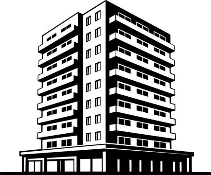 Modern apartment building in a clean black and white graphic style with minimalist architecture