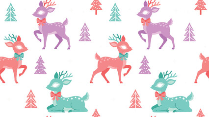 Seamless Christmas pattern vector background featuring cute pastel reindeer characters, festive winter pine trees, and pink bow ties isolated on a solid white backdrop © Armina