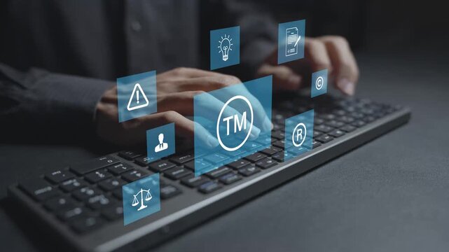 Trademark protection and legal compliance concept. Person typing keyboard with trademark registration and legal document icons, intellectual property protection, brand security and regulatory complian
