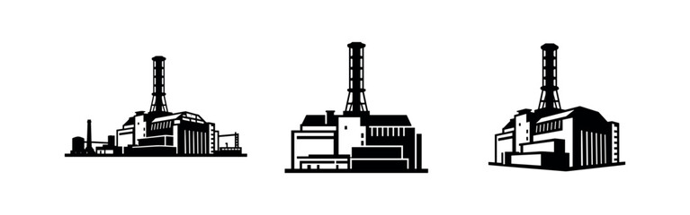 Obraz premium Industrial Nuclear Power Plant Silhouettes and Factory Energy Icons