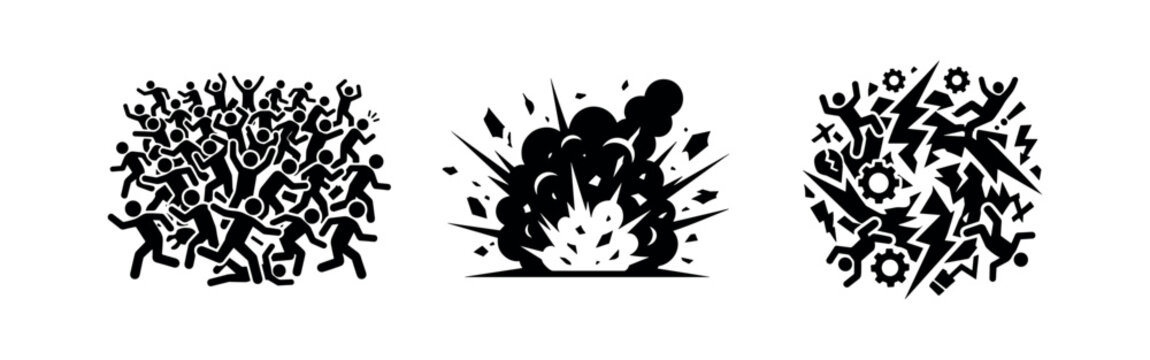 Crowd Panic Emergency Explosion and Debris Vector Silhouettes