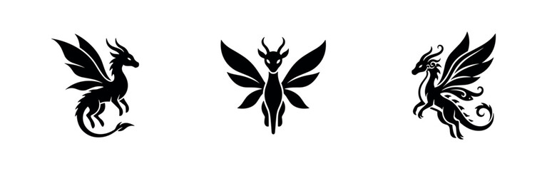 Fototapeta premium Mythical Winged Dragon and Beast Silhouettes