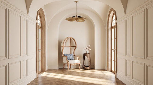 Luxury Groin Vault Hallway with Porter's Chair, Arched Windows and Classic Millwork