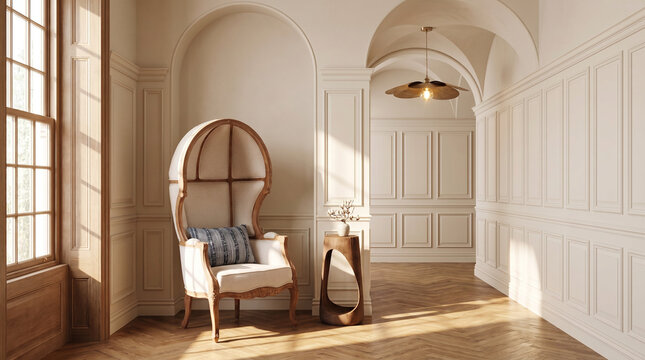 Elegant Hallway Reading Nook with Porter's Chair, Groin Vault Ceiling and Classic Wall Paneling