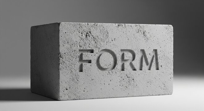 Concrete block with the word FORM carved into its surface standing on a clean studio background with side directional light