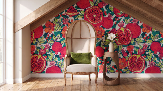 Luxury Porter's Chair in Reading Nook with Pomegranate Botanical Wallpaper Accent Wall