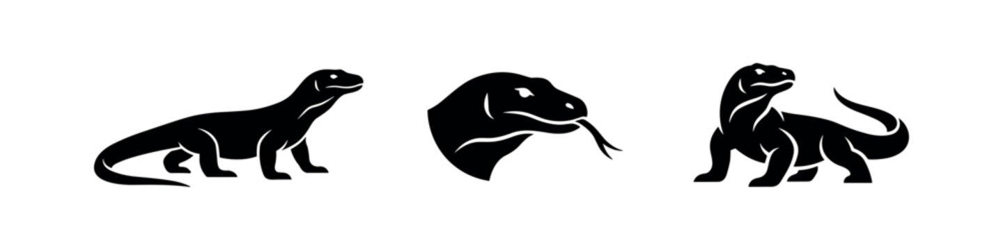 Komodo dragon lizard silhouettes with tongue out