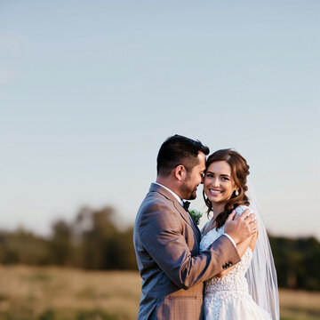 Happy bride and groom embracing outdoors on their wedding day