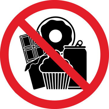 No Unhealthy Food Symbols with Red Prohibition Sign Against White Background