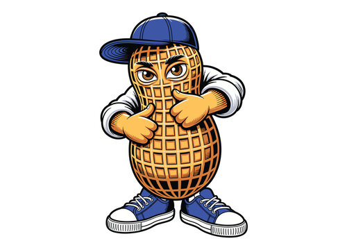 Cartoon peanut character wearing a cap and sneakers on transparent background nut.