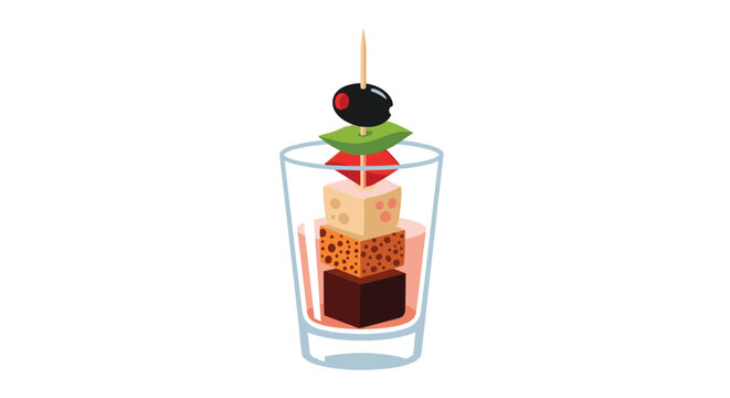 Gourmet canape appetizer featuring layers of cheese, olive, tomato, and bread on a toothpick in a shot glass.