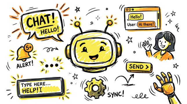 Chatbot and digital communication concept icons with robot head, speech bubble and notification for web interface design in doodle hand drawn style